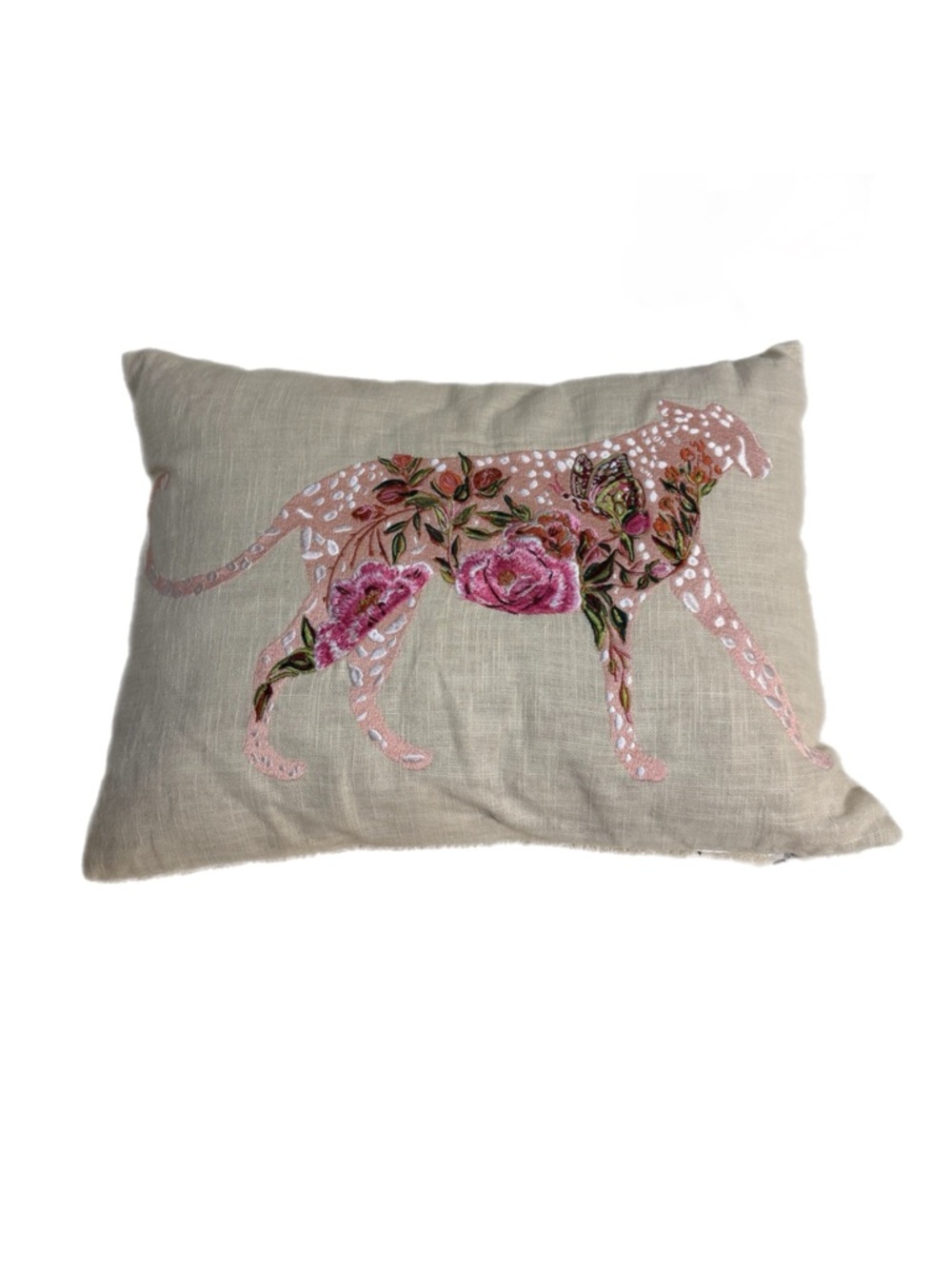 Cream Pink Cheetah Silhouette Floral Embroidered Accent Pillow Boho Anthro Style